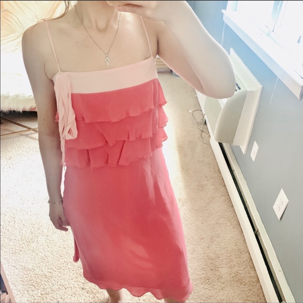 Theory pink ruffle silk square neck dress
